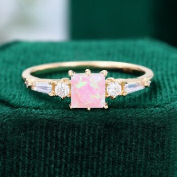 Princess Cut Lab Pink Opal Engagement Ring Unique Trio Stones Promise Ring