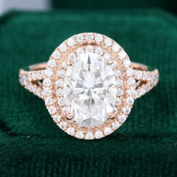 Oval Cut Moissanite Double Halo Pave Split Shank Engagement Ring