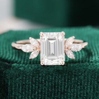 Rose Gold Emerald Cut Moissanite Wings Engagement Ring