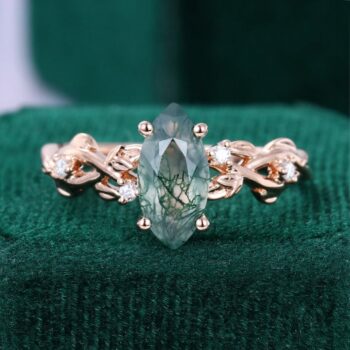 Navette Flow Marquise Cut Moss Agate Leaf Ring