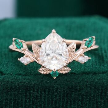Pear Shaped Moissanite Emerald Leaf Engagement Ring 14K Rose Gold