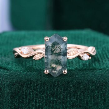 Leafwave Long Hexagon Cut Moss Agate Nature Inspired Promise Ring