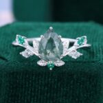 Pear Cut Moss Agate Leaf Engagement Ring For Her