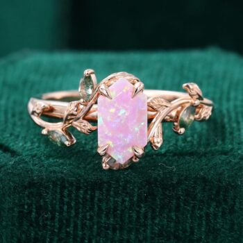 Hexagon Cut Lab Pink Opal Engagement Ring with Leaf Band