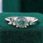 Round Cut Moss Agate Promise Ring Mixed Gemstones Cluster Ring