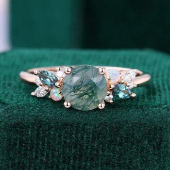 Round Cut Moss Agate Promise Ring Mixed Gemstones Cluster Ring