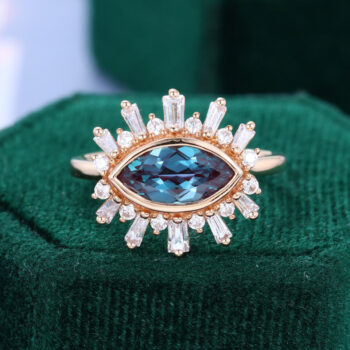Horizontal Marquise Cut Alexandrite Engagement Ring Halo Promise Ring