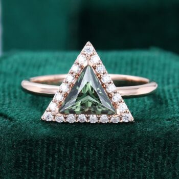 Triangle Cut Green Sapphire Halo Engagement Ring Unique Promise Ring