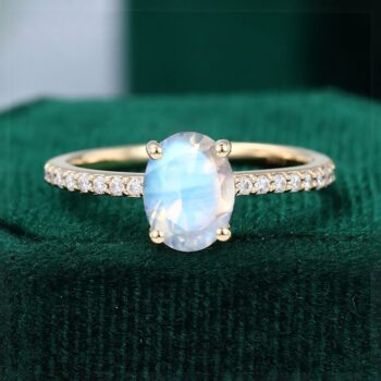 Oval Cut Moonstone Engagement Ring Half Eternity Pave Band June Birthstone Ring