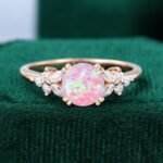 Round Cut Cabochon Lab Pink Opal Engagement Ring Double Claws Blossom Ring
