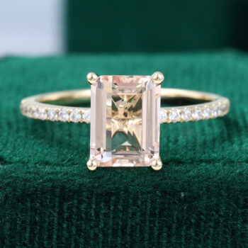 Emerald Cut Morganite and Diamond Half Eternity Engagement Ring 14K Yellow Gold