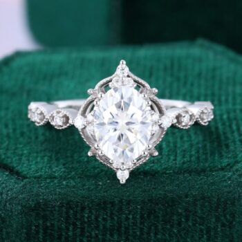 Oval Cut Moissanite Milgrain Lace Halo Engagement Ring