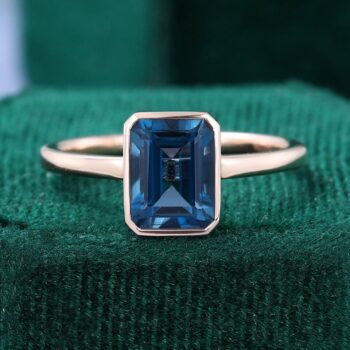 Emerald Cut London Blue Topaz Promise Ring Bezel Solitaire Engagement Ring