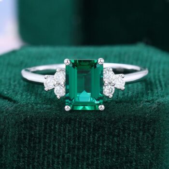 Art Deco Lab Emerald Engagement Ring Diamond Trinity Accents Bridal Ring