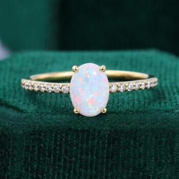 Oval Opal Engagement Ring Half Eternity Pave Band