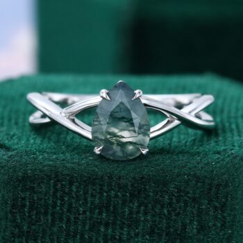 Pear Cut Moss Agate Crossover Shank Engagement Ring