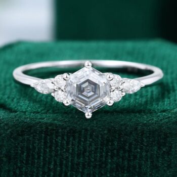White Gold Hexagon Cut Gray Moissanite Engagement Ring
