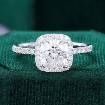 Cushion Cut Moissanite Engagement Ring Pavé Halo Bridal Ring In White Gold
