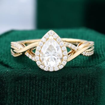Pear Shaped Moissanite Engagement Ring Crossover Shank Halo Ring