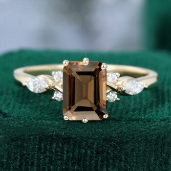 Emerald Cut Smoky Quartz Cluster Engagement Ring Birthday Gift