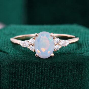 Oval Cut Facet Opal Engagement Ring Moissanite Accented Promise Ring