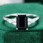 Emerald Cut Black Onyx Classic Diamond Side Stone Promise Ring