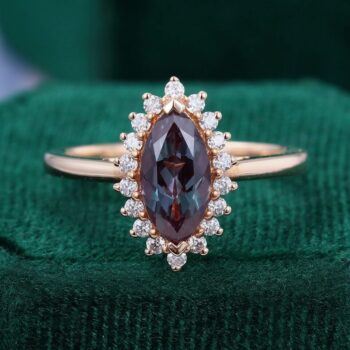 Marquise Cut Lab Alexandrite Engagement Ring Moissanite Halo Bridal Ring
