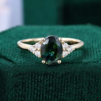 Oval Cut Green Blue Sapphire Cluster Engagement Ring
