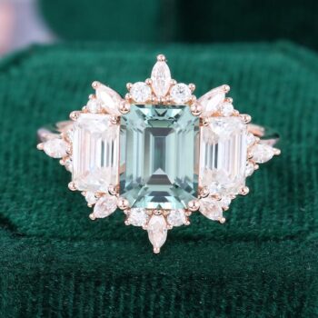Green Sapphire Three Stone Cluster Vintage Engagement Ring
