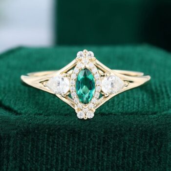 Unique Marquise Lab Emerald Engagement Ring Moissanite Accented Promise Ring