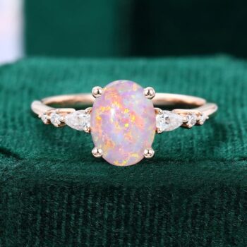 Oval Cut Lab Pink Opal Engagement Ring Trio Shaped Stones Promise Gift