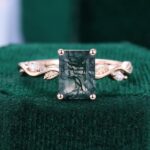 Leafwave Emerald Cut Moss Agate Nature Inspired Promise Ring