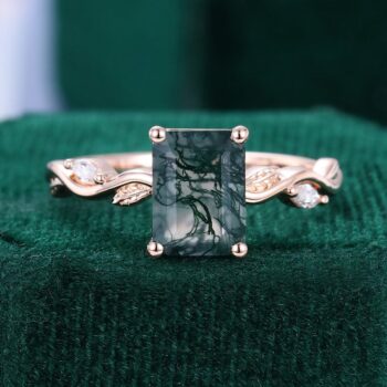 Leafwave Emerald Cut Moss Agate Nature Inspired Promise Ring