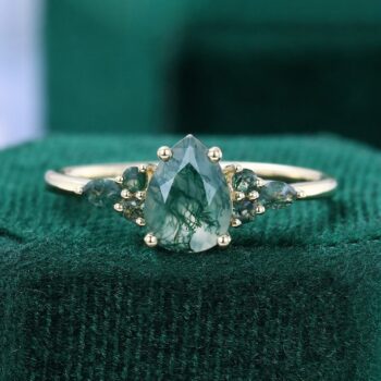 Pear Cut Moss Agate Engagement Ring with Elegant Design