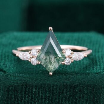 Kite Cut Moss Agate Engagement Ring Classic Side Stone Ring