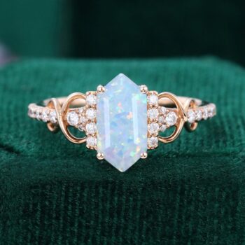 Elongated Hexagon Lab Opal Engagement Ring Infinity Promise Ring