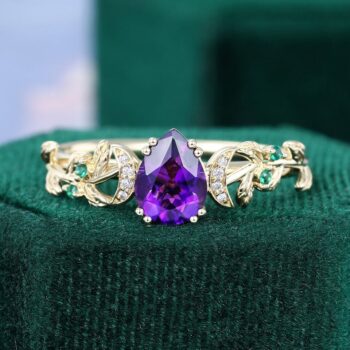 Crescent Inspired Pear Cut Amethyst Promise Ring Garden Themed Engagement Ring