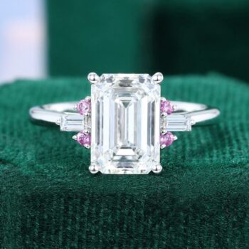 3CT Emerald Cut Lab Diamond Engagement Ring with Pink Sapphire Accents