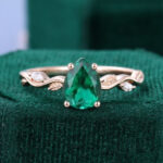 Pear Cut Emerald Engagement Ring Alternating Leaf Band