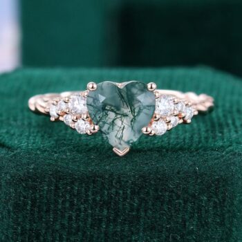 Heart Shaped Moss Agate Engagement Ring with 3/4 Twisted Band