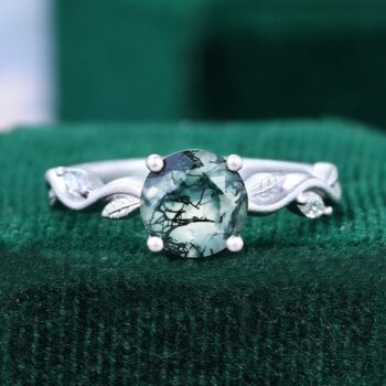 Leafwave Round Cut Moss Agate Promise Ring in Matte Finish