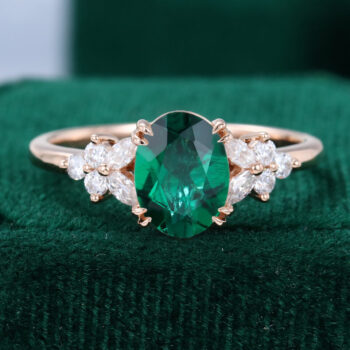 14K Rose Gold Oval Cut Emerald Engagement Ring Promise Anniversary Gift