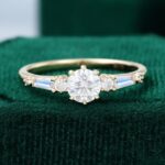 Round Cut Moissanite Engagement Ring Baguette Moonstone Accents Promise Ring
