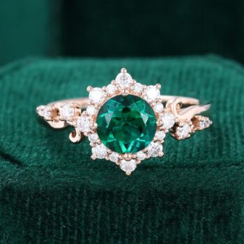 Round Cut Lab Emerald Engagement Ring Vintage Halo Promise Ring
