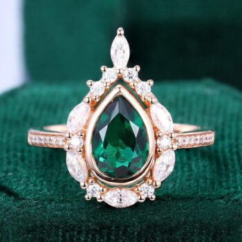 Bezel Pear Cut Lab Emerald Engagement Ring Halo Bridal Ring