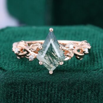 Navette Flow Kite Cut Moss Agate Leaf Promise Ring