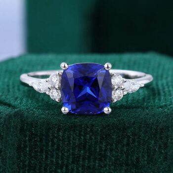 Cushion Cut Sapphire Engagement Ring Classic Moissanite Side Stone