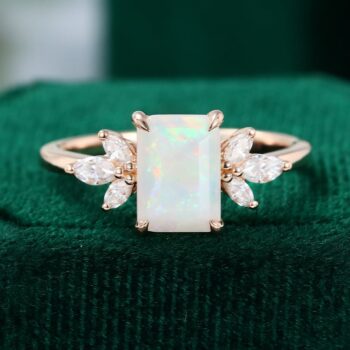 Emerald Cut Lab Opal Engagement Ring Anniversary Gift
