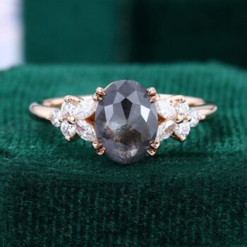 Oval Cut Salt and Pepper Diamond Blossom Engagement Ring