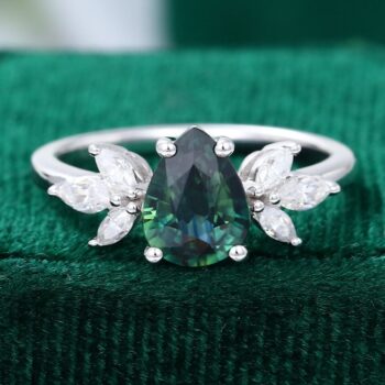 Pear Shaped Green Blue Sapphire White Gold Engagement Ring